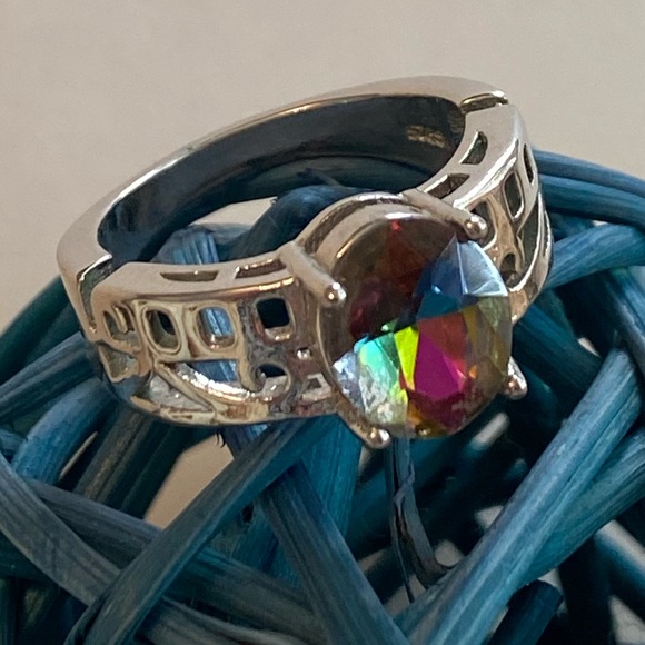Sterling 925 Jewelry - Women’s Sterling Silver Mystic Topaz 925 Thick Band Cocktail Ring Sz 6.75